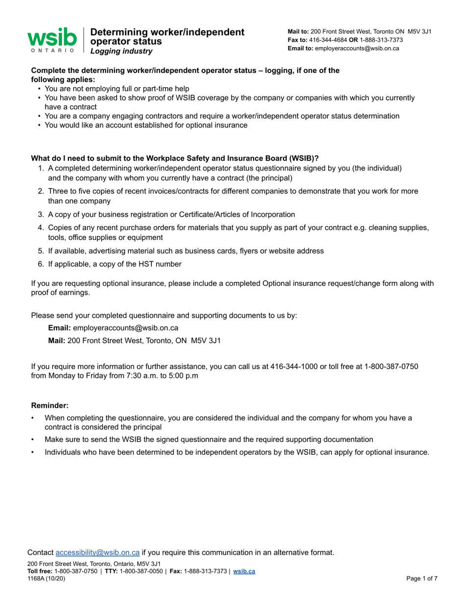 Form 1168A Determining Worker / Independent Operator Status Questionnaire - Logging Industry - Ontario, Canada, Page 1