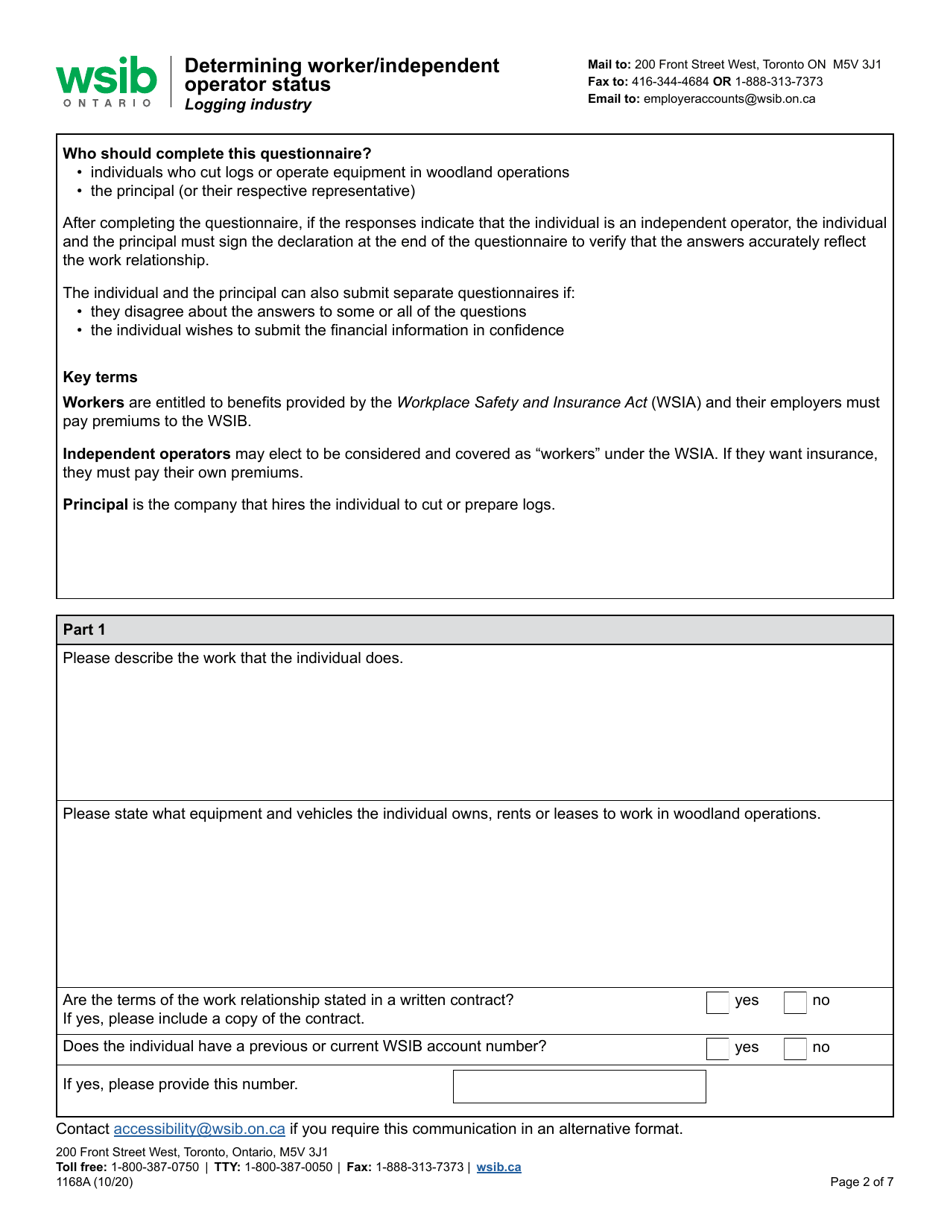 Form 1168A Determining Worker / Independent Operator Status Questionnaire - Logging Industry - Ontario, Canada, Page 2
