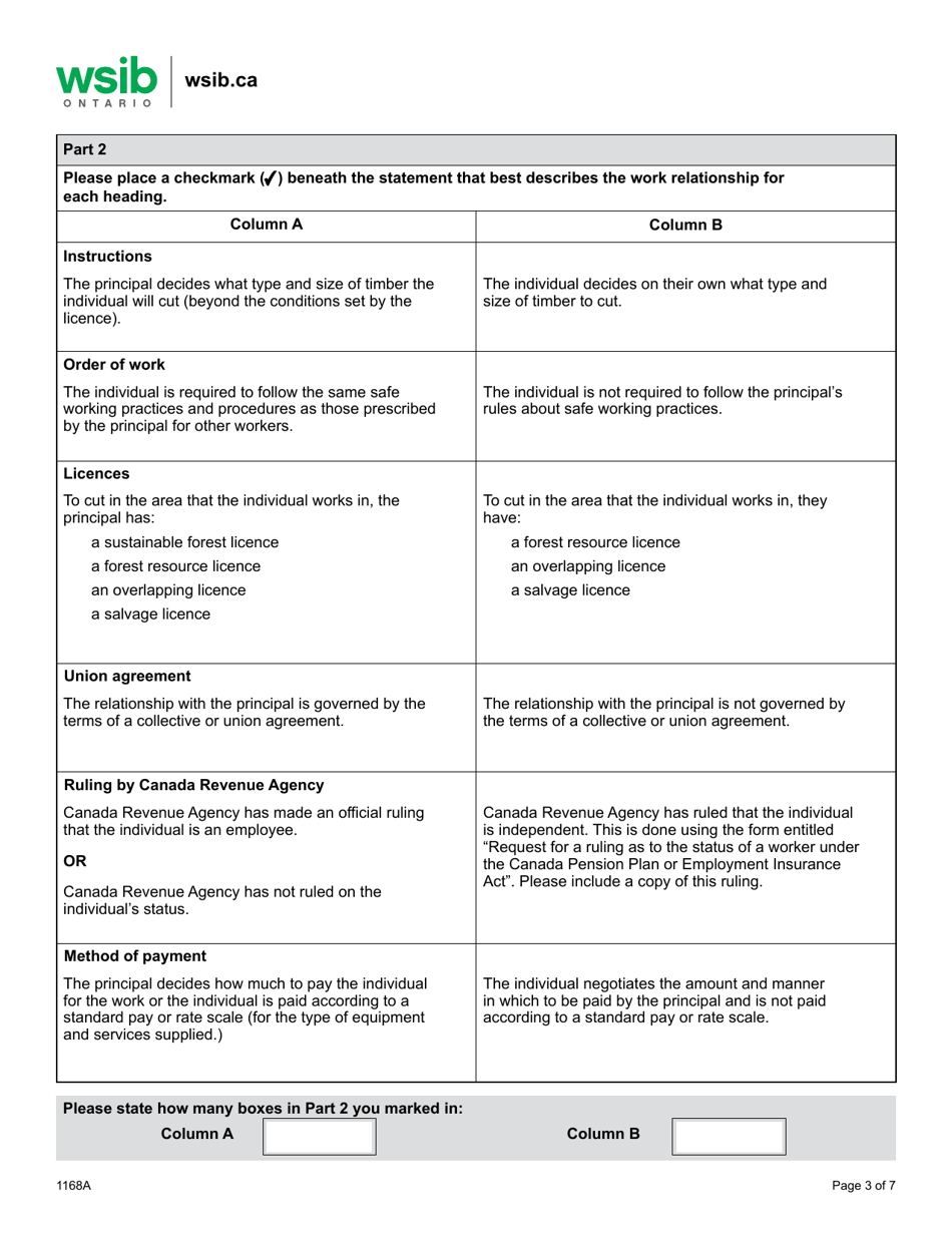 Form 1168A Determining Worker / Independent Operator Status Questionnaire - Logging Industry - Ontario, Canada, Page 3