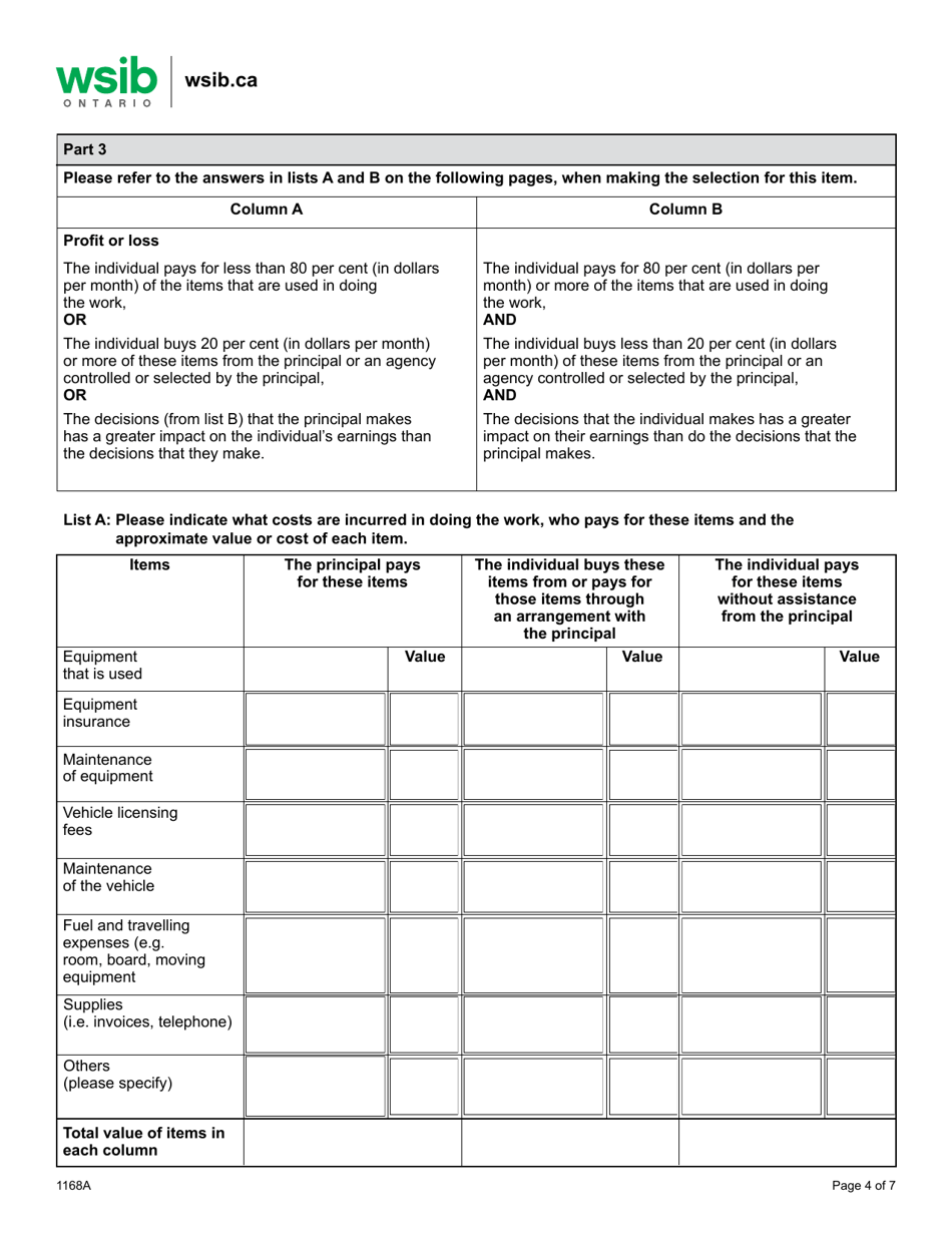 Form 1168A Determining Worker / Independent Operator Status Questionnaire - Logging Industry - Ontario, Canada, Page 4