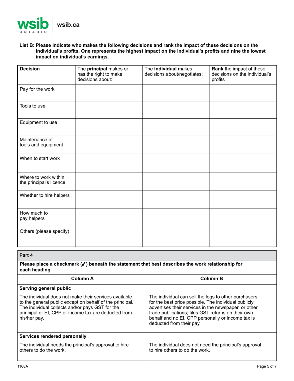 Form 1168A Determining Worker / Independent Operator Status Questionnaire - Logging Industry - Ontario, Canada, Page 5