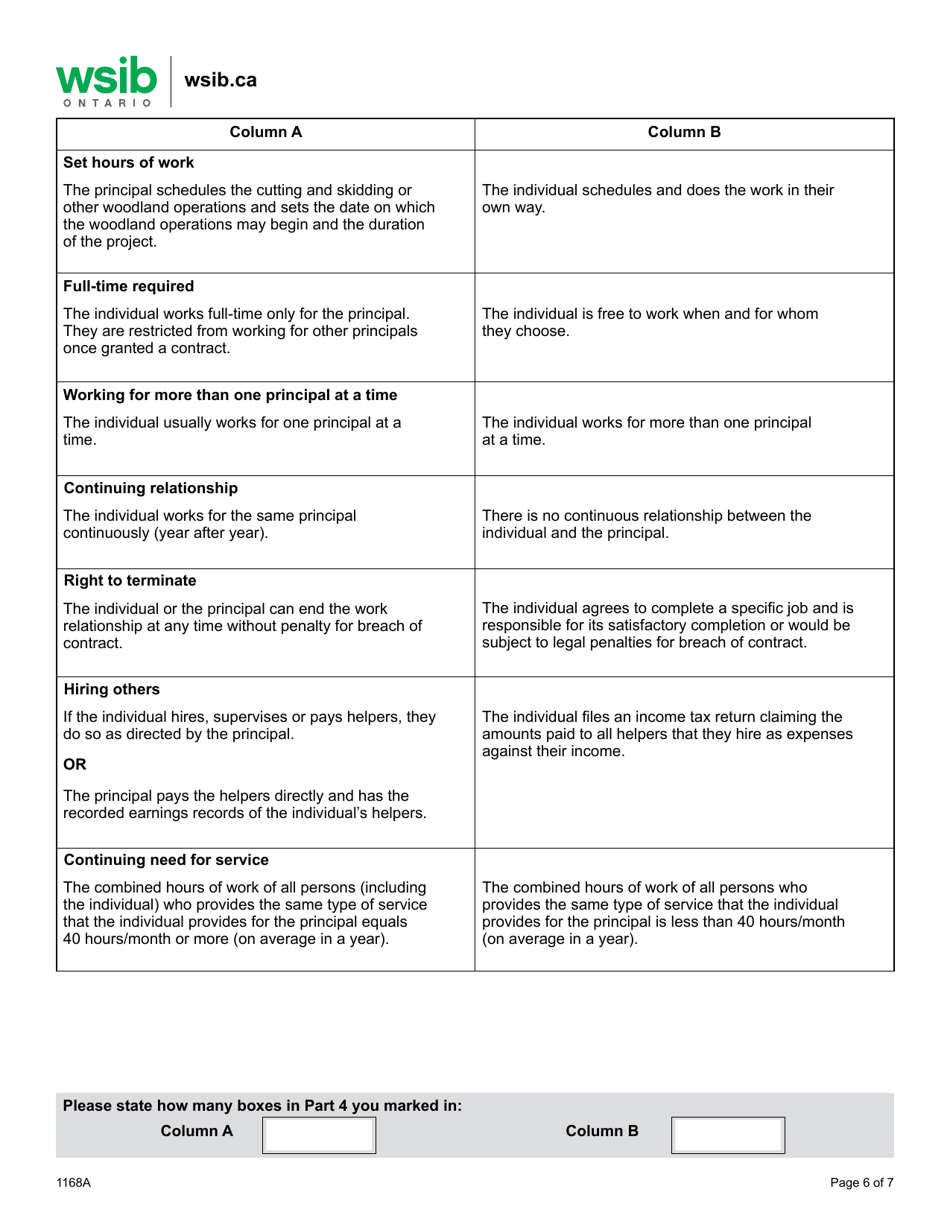 Form 1168A Determining Worker / Independent Operator Status Questionnaire - Logging Industry - Ontario, Canada, Page 6