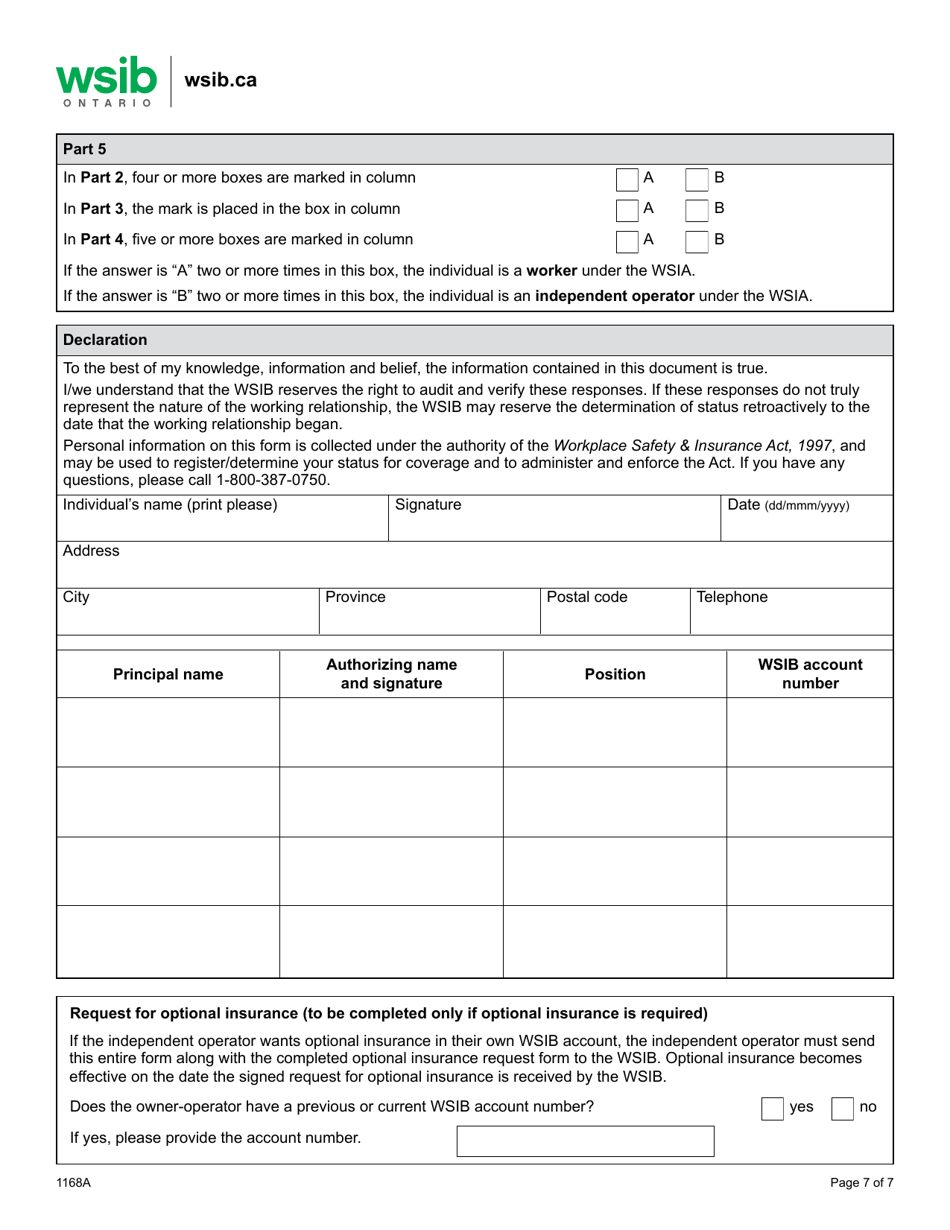 Form 1168A Determining Worker / Independent Operator Status Questionnaire - Logging Industry - Ontario, Canada, Page 7