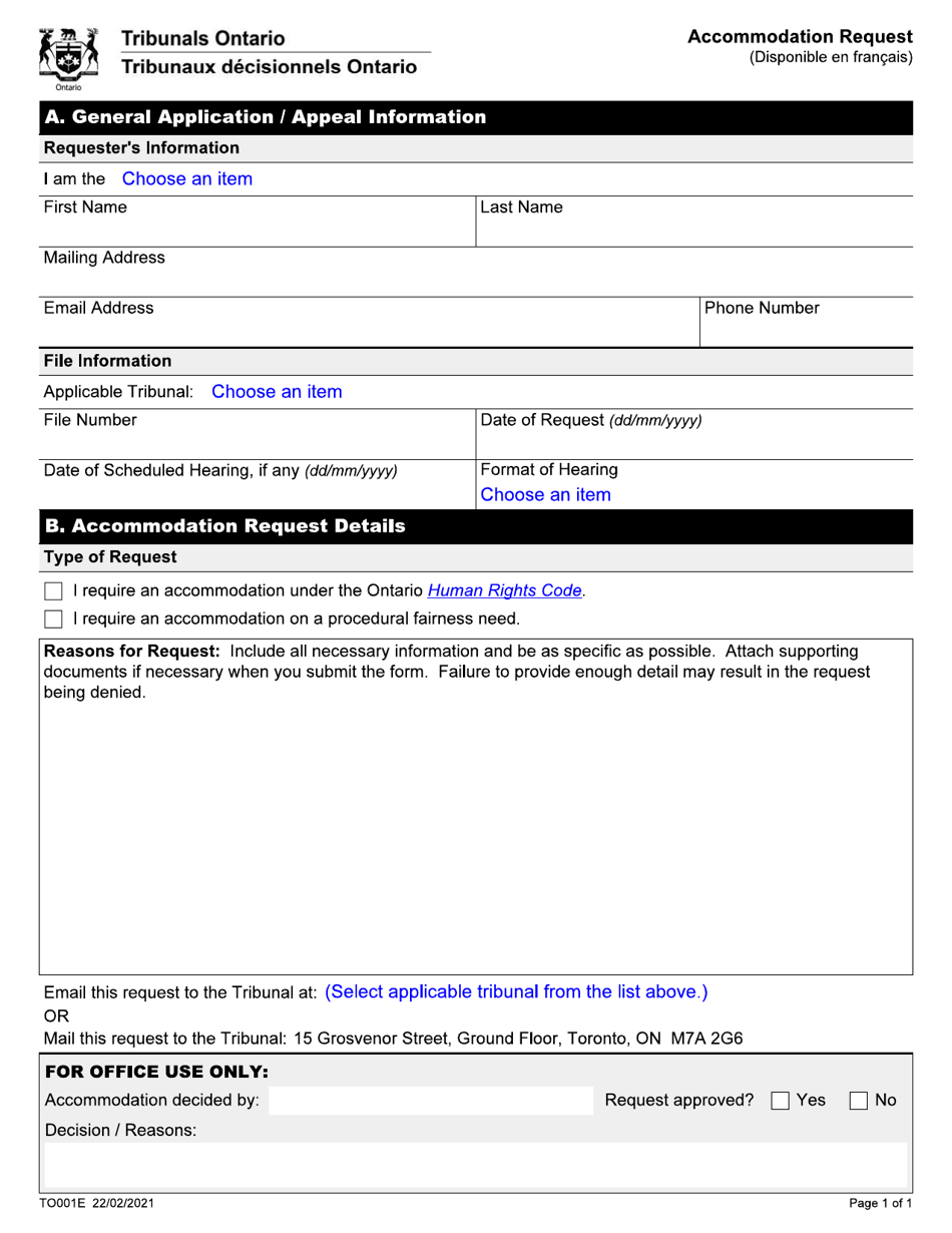 Form TO001E Accommodation Request - Ontario, Canada, Page 1