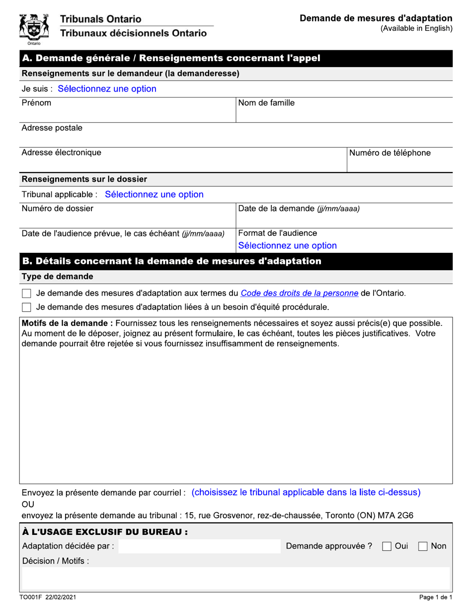 Forme TO001F Demande De Mesures Dadaptation - Ontario, Canada (French), Page 1