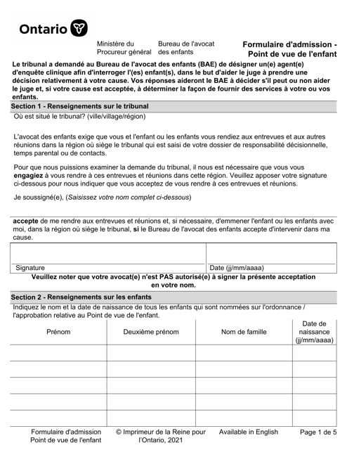 Formulaire D'admission - Point De Vue De L'enfant - Ontario, Canada (French) Download Pdf