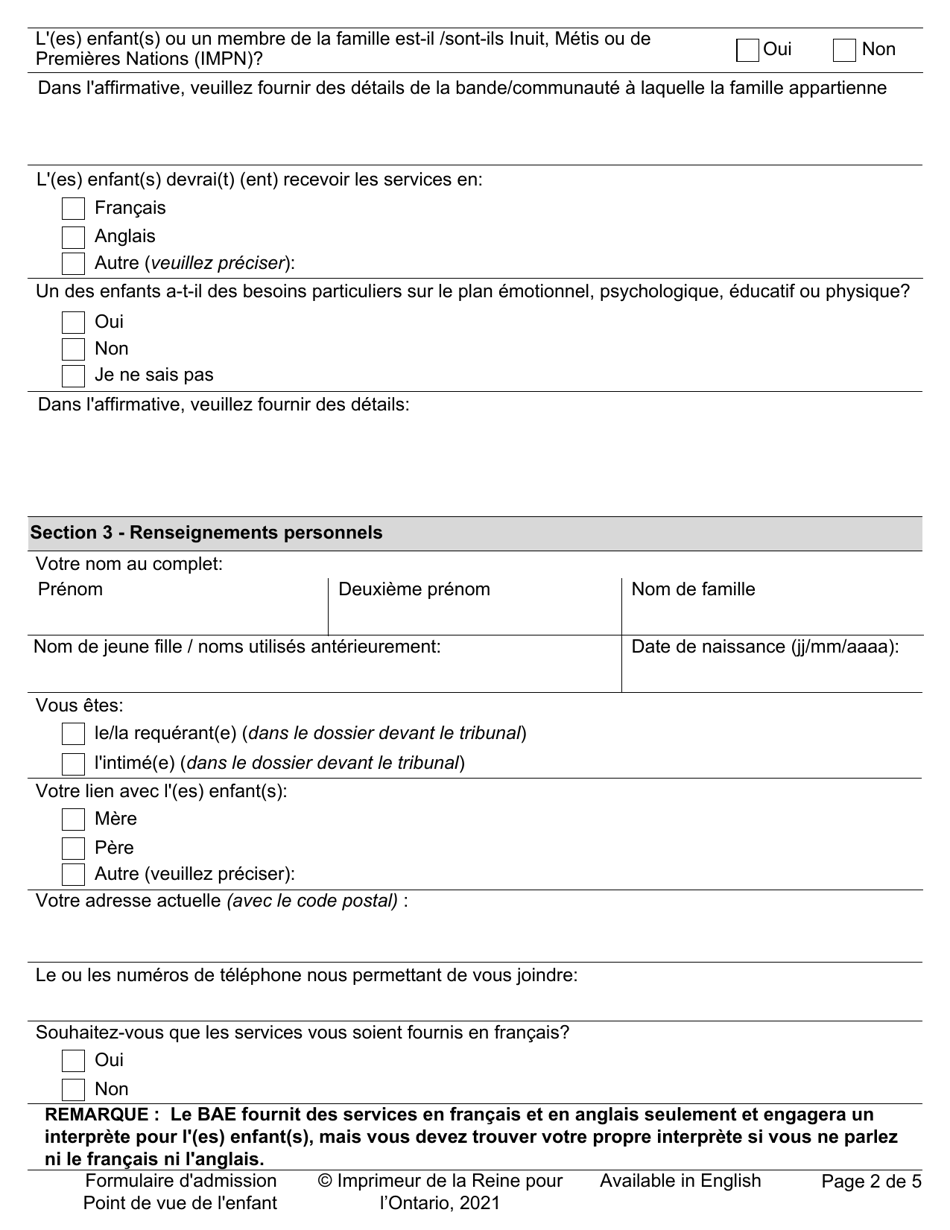 Formulaire Dadmission - Point De Vue De Lenfant - Ontario, Canada (French), Page 2