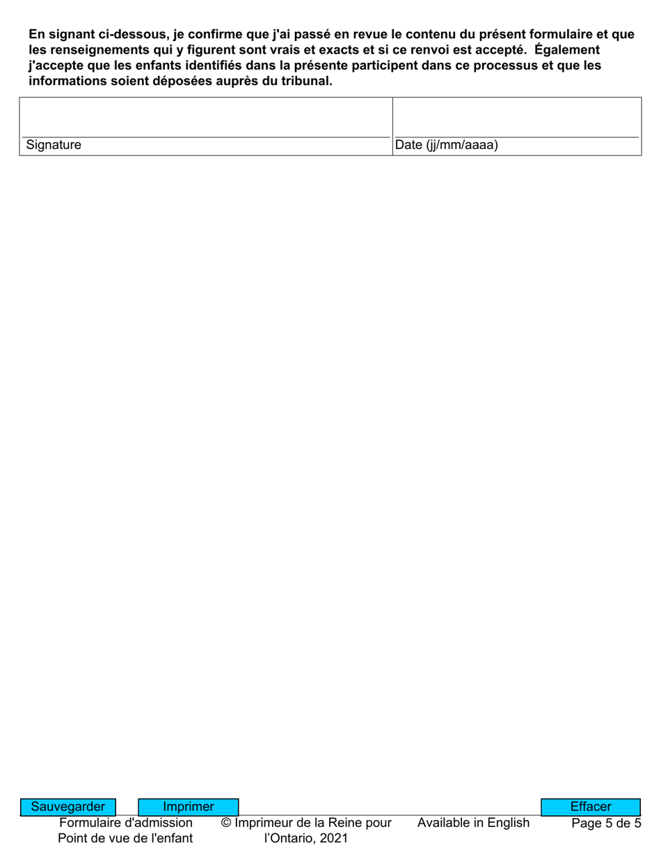 Formulaire Dadmission - Point De Vue De Lenfant - Ontario, Canada (French), Page 5
