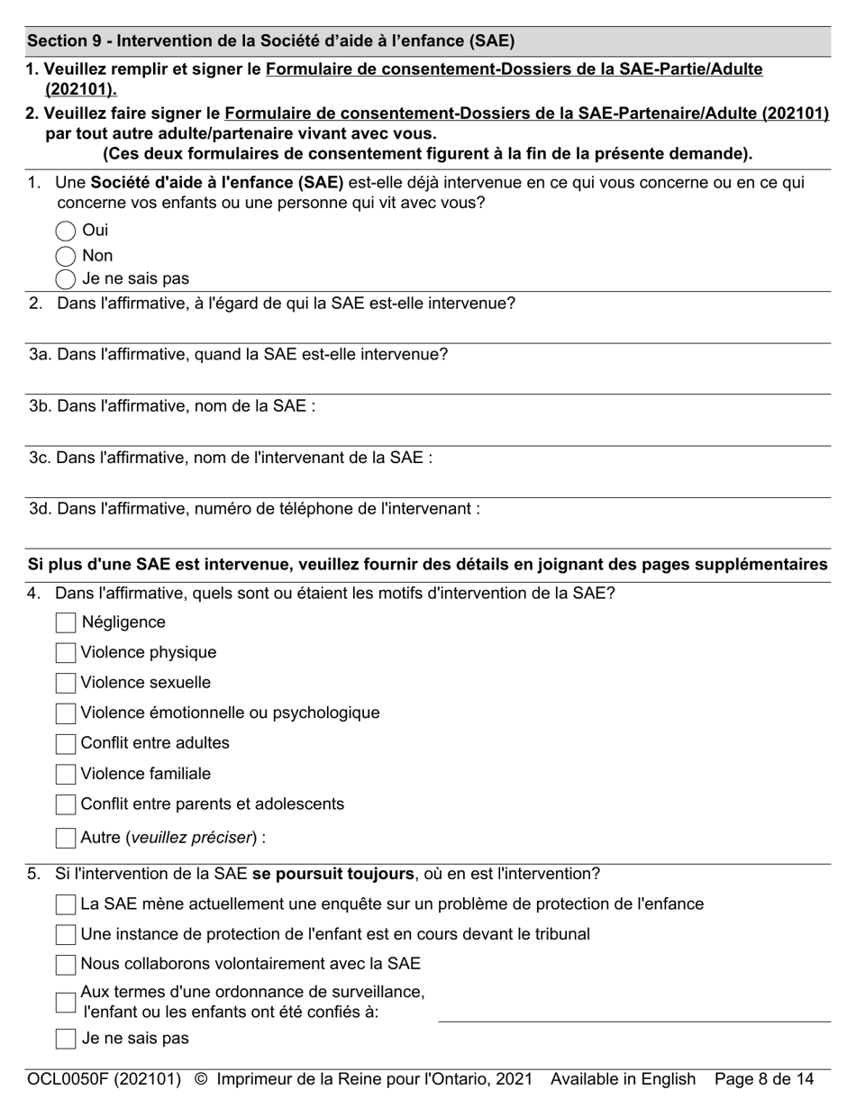 Forme OCL0050 Formulaire Dadmission - Affaires Parentale Et De Contact - Ontario, Canada (French), Page 10