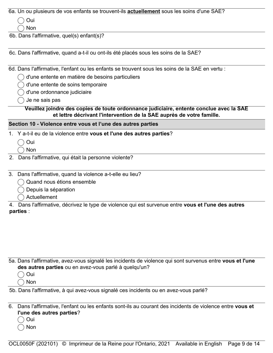 Forme OCL0050 Formulaire Dadmission - Affaires Parentale Et De Contact - Ontario, Canada (French), Page 11