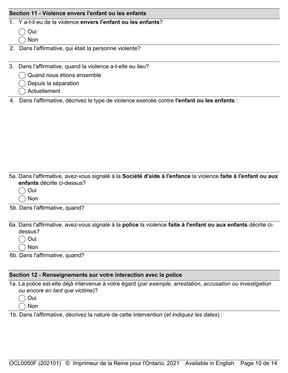 Forme OCL0050 Formulaire Dadmission - Affaires Parentale Et De Contact - Ontario, Canada (French), Page 12
