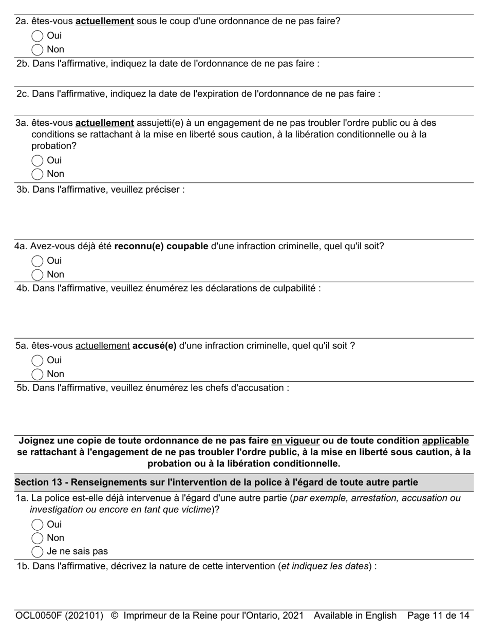 Forme OCL0050 Formulaire Dadmission - Affaires Parentale Et De Contact - Ontario, Canada (French), Page 13