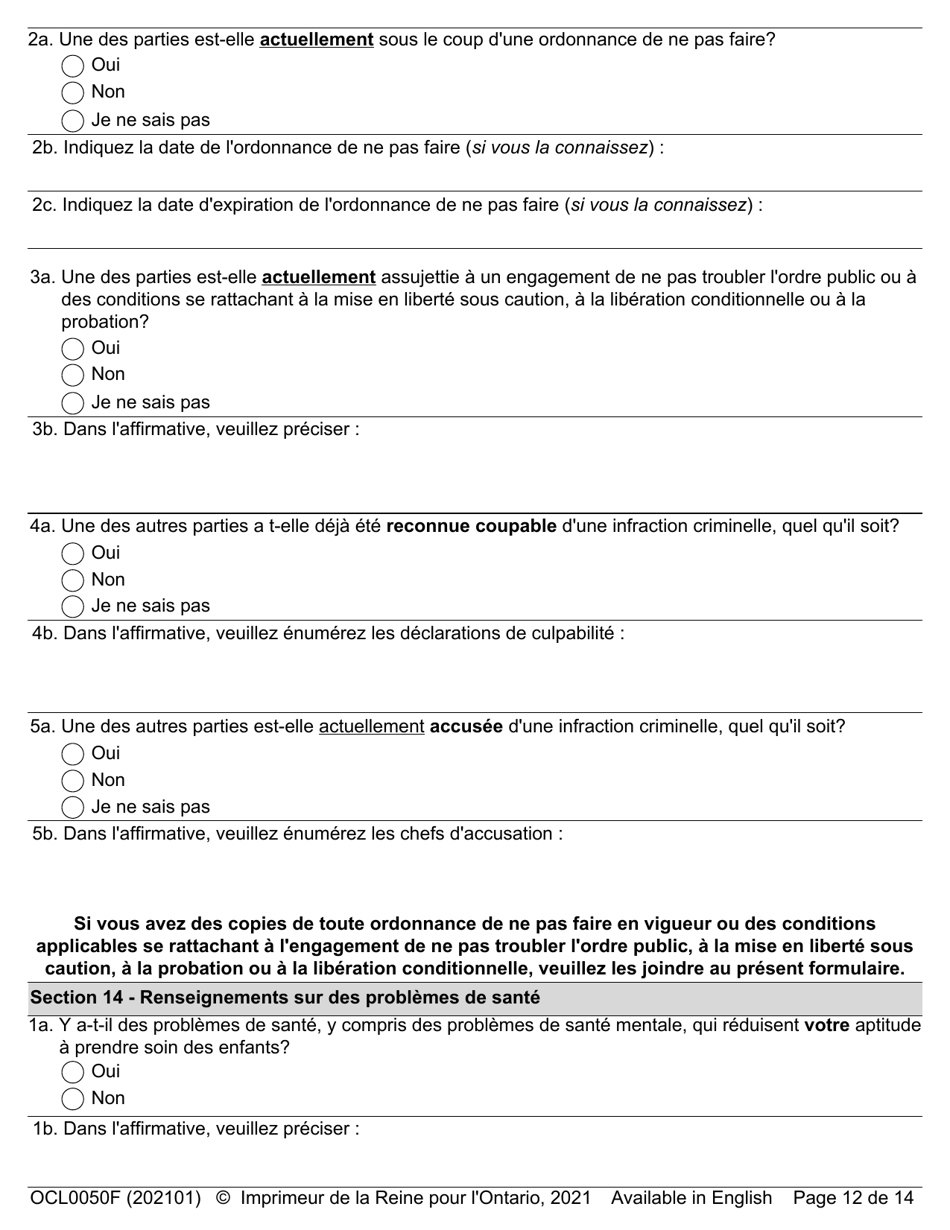 Forme OCL0050 Formulaire Dadmission - Affaires Parentale Et De Contact - Ontario, Canada (French), Page 14