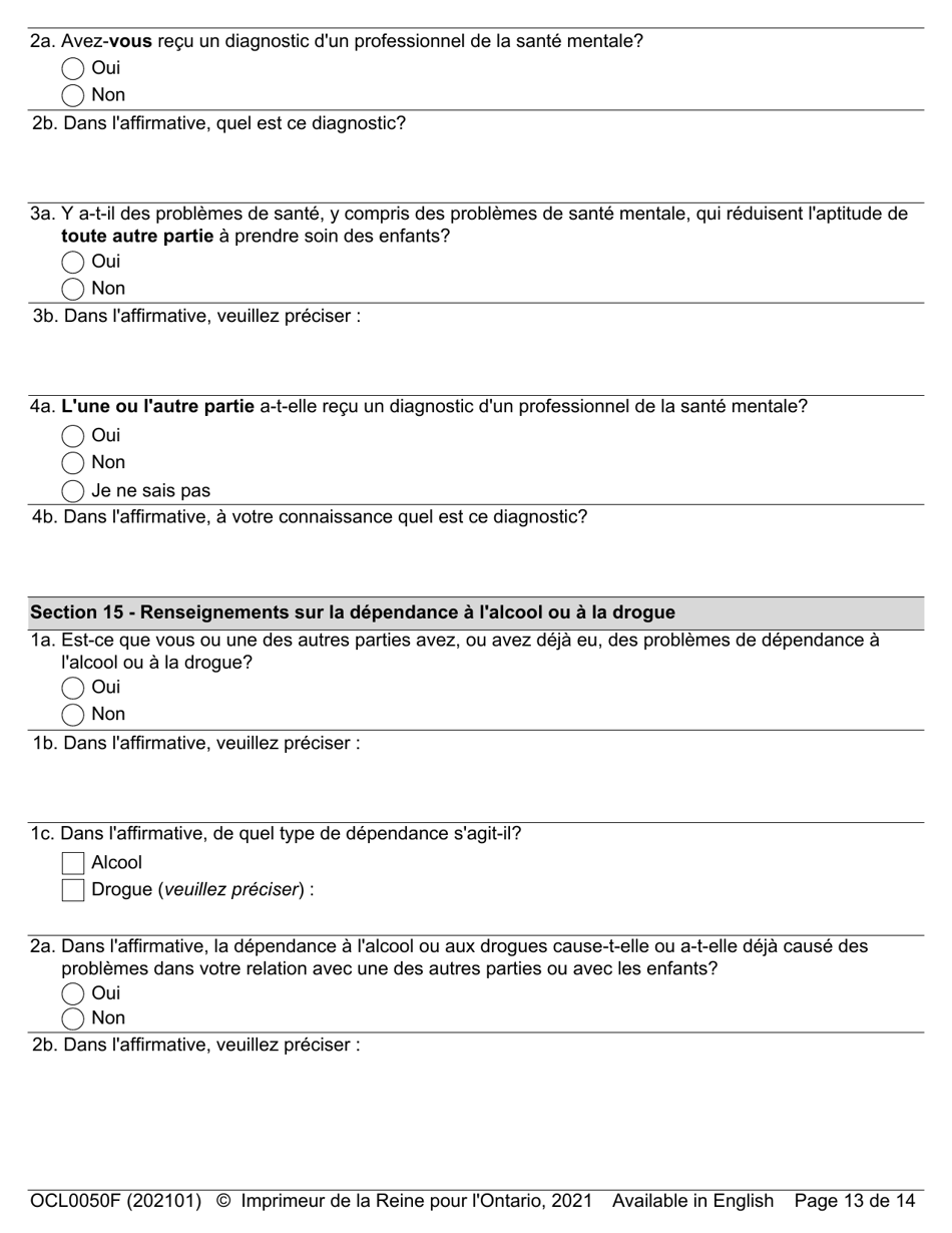 Forme OCL0050 Formulaire Dadmission - Affaires Parentale Et De Contact - Ontario, Canada (French), Page 15
