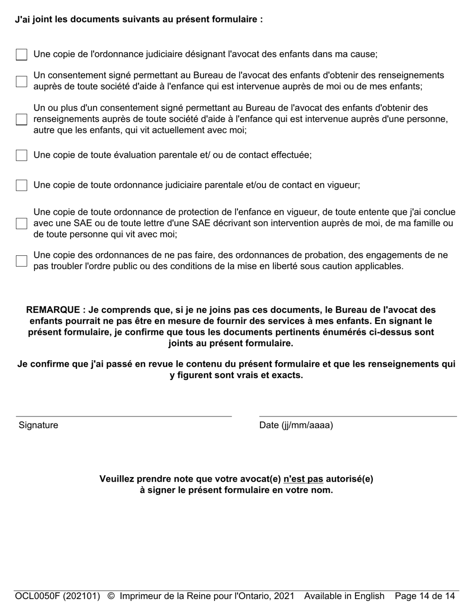 Forme OCL0050 Formulaire Dadmission - Affaires Parentale Et De Contact - Ontario, Canada (French), Page 16