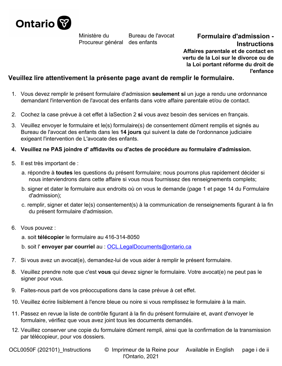 Forme OCL0050 Formulaire Dadmission - Affaires Parentale Et De Contact - Ontario, Canada (French), Page 1