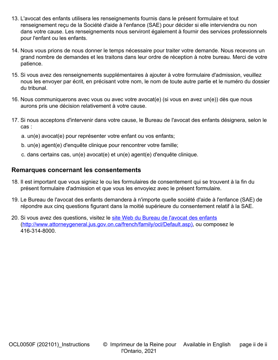 Forme OCL0050 Formulaire Dadmission - Affaires Parentale Et De Contact - Ontario, Canada (French), Page 2