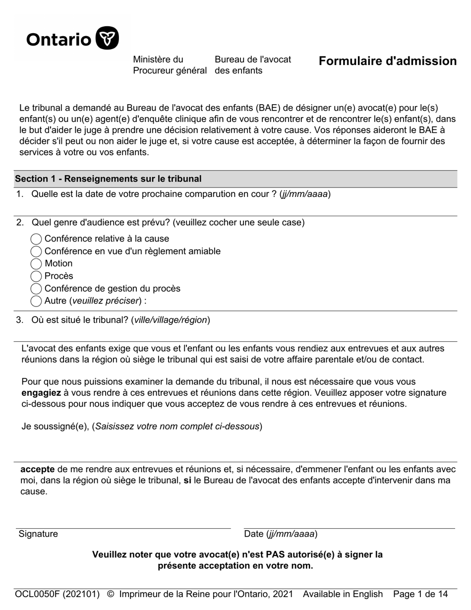 Forme OCL0050 Formulaire Dadmission - Affaires Parentale Et De Contact - Ontario, Canada (French), Page 3