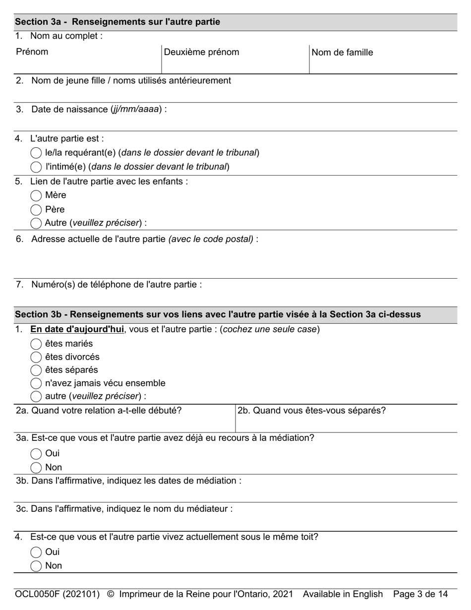 Forme OCL0050 Formulaire Dadmission - Affaires Parentale Et De Contact - Ontario, Canada (French), Page 5