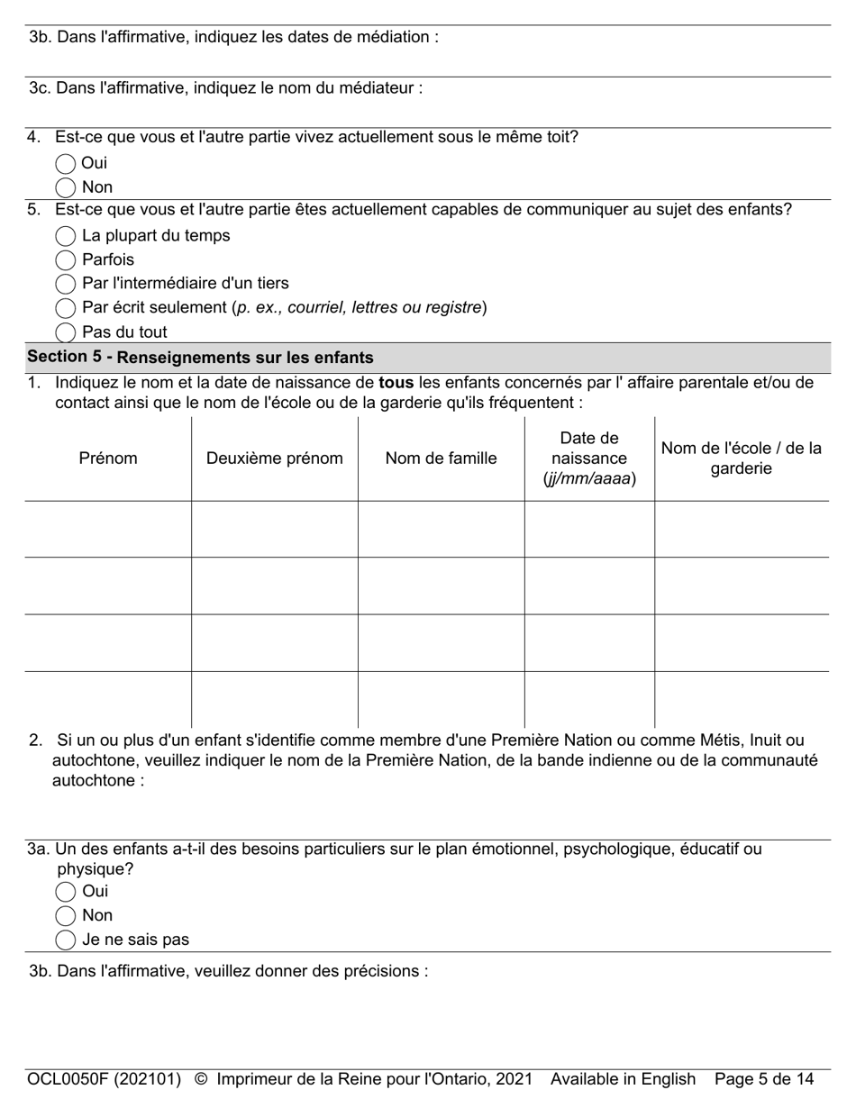 Forme OCL0050 Formulaire Dadmission - Affaires Parentale Et De Contact - Ontario, Canada (French), Page 7