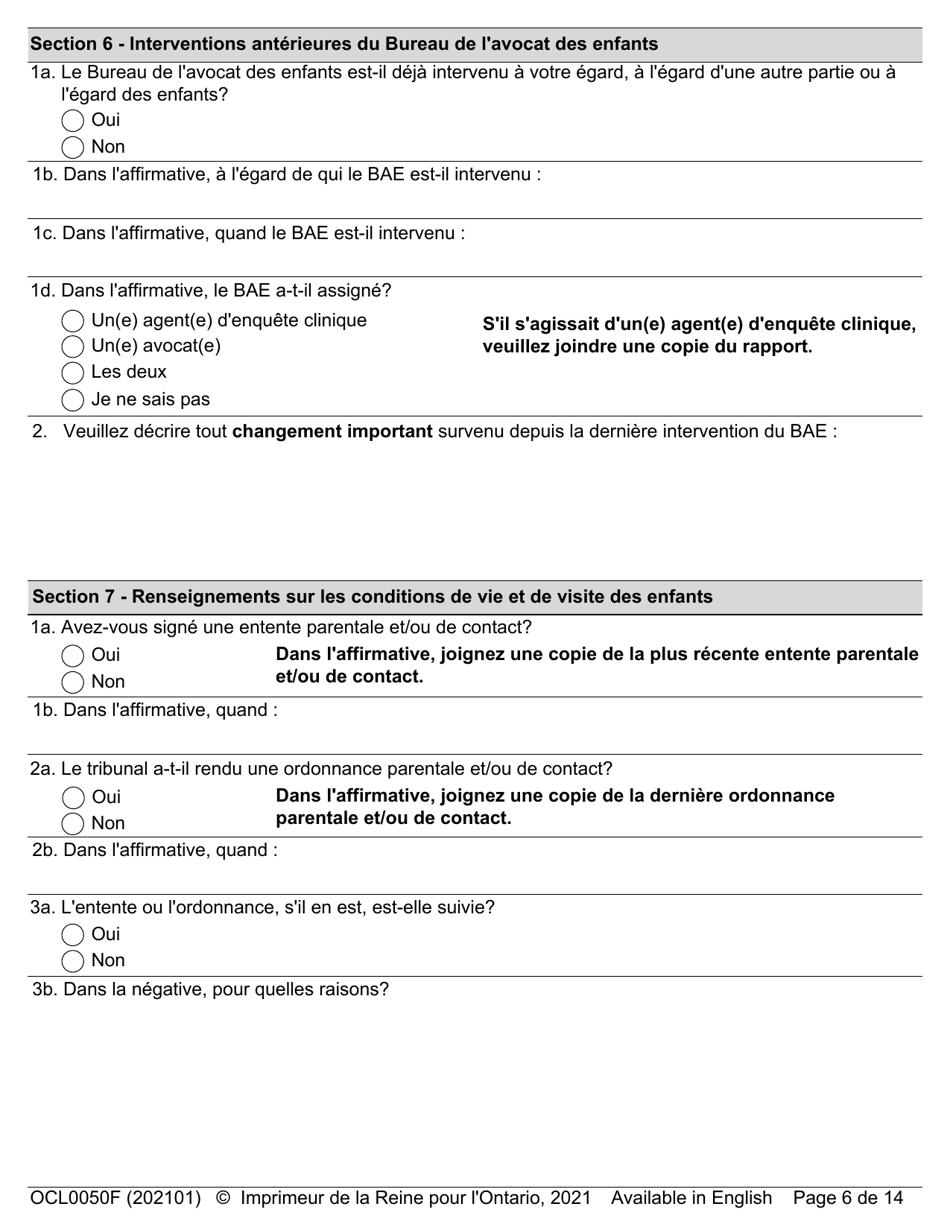Forme OCL0050 Formulaire Dadmission - Affaires Parentale Et De Contact - Ontario, Canada (French), Page 8