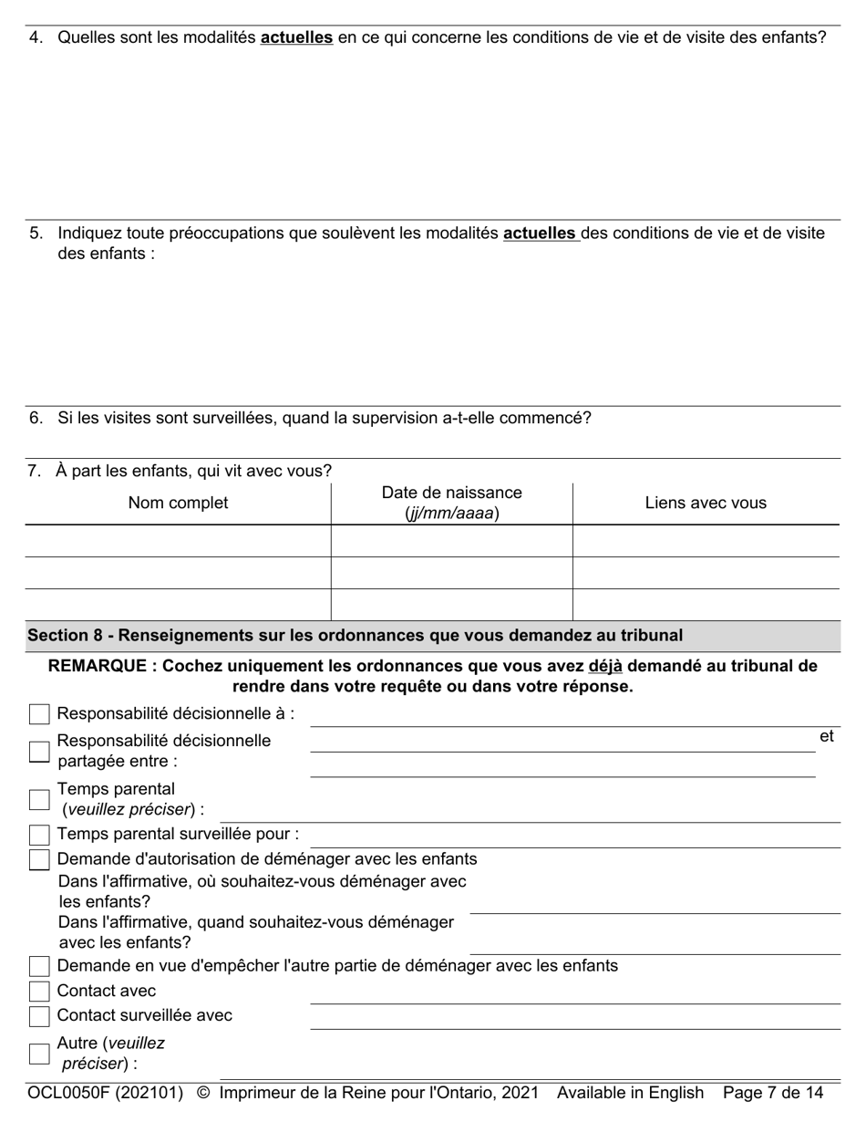 Forme OCL0050 Formulaire Dadmission - Affaires Parentale Et De Contact - Ontario, Canada (French), Page 9
