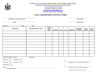 Document preview: Malt Liquor Price Posting Form - Maine