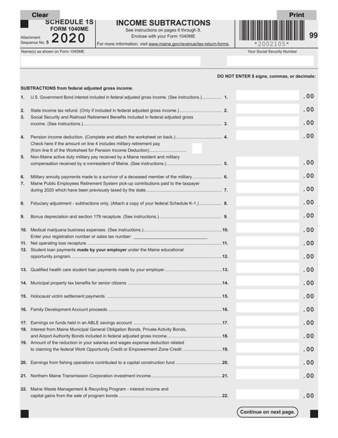 Form 1040ME Schedule 1S 2020 Printable Pdf