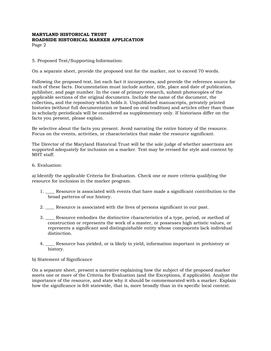 Roadside Historical Marker Application - Maryland, Page 3