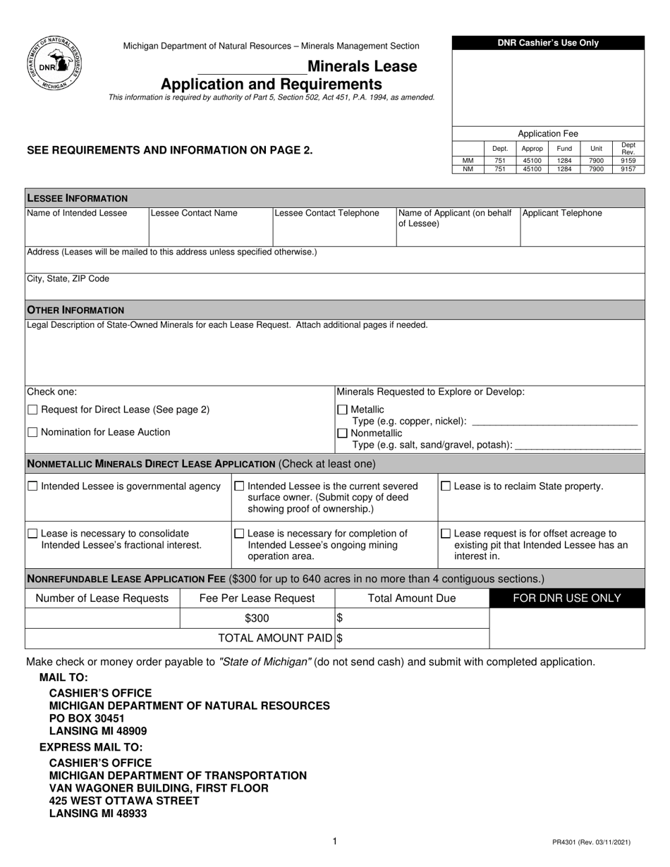 Form PR4301 Minerals Lease Application and Requirements - Michigan, Page 1