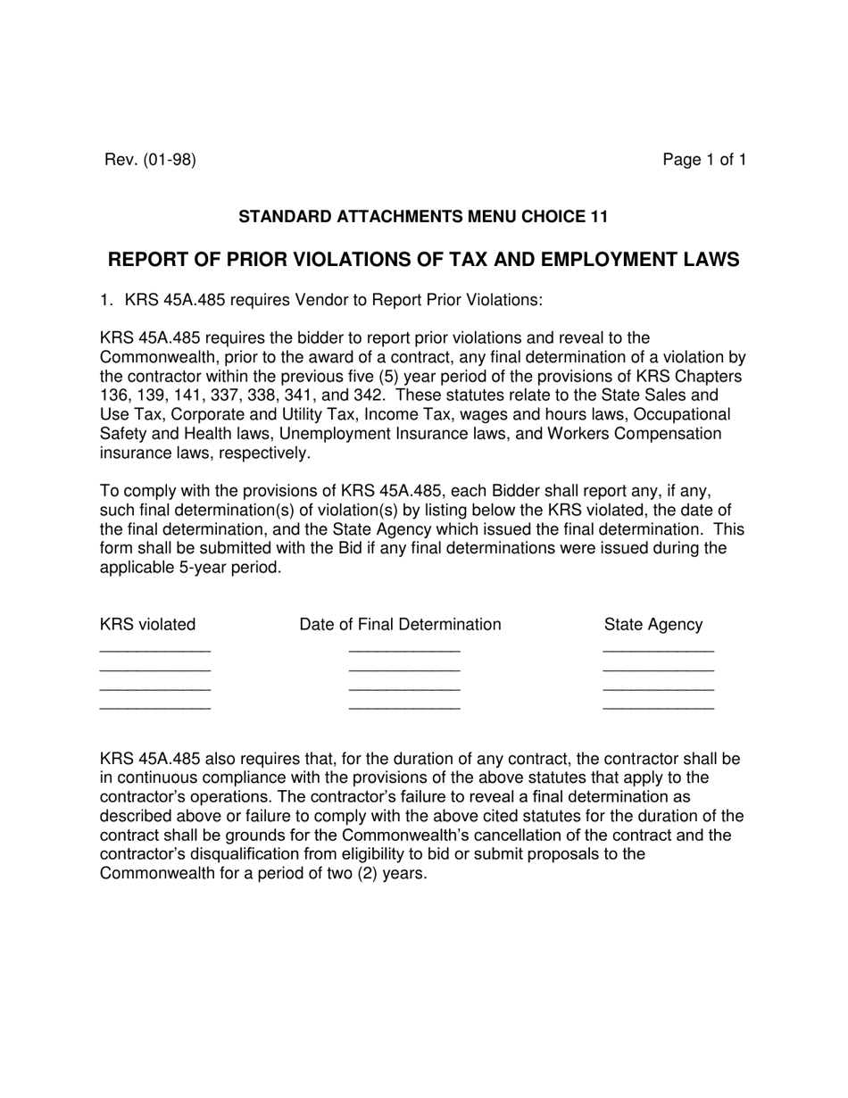 Report of Prior Violations of Tax and Employment Laws - Kentucky, Page 1