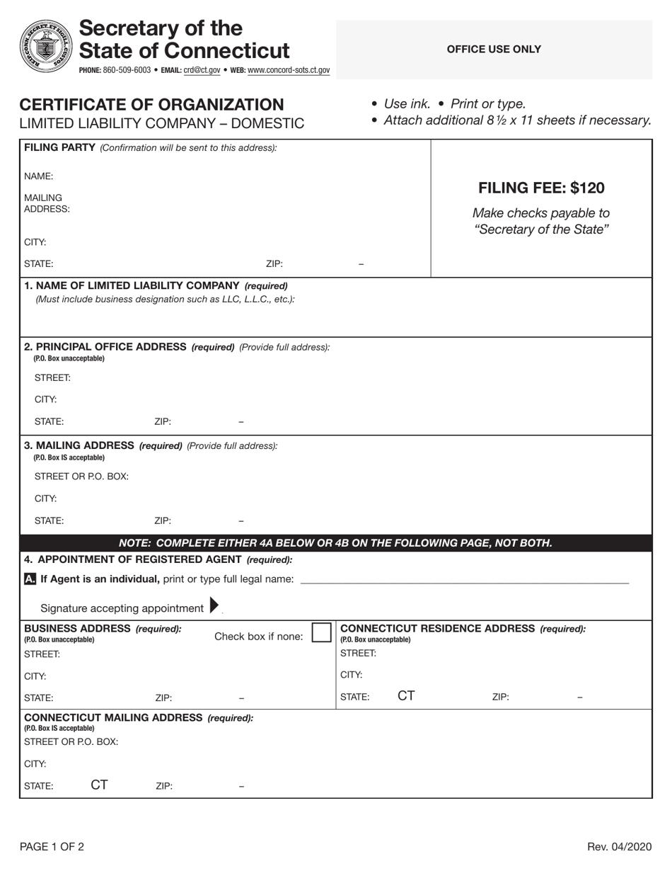 Certificate of Organization - Limited Liability Company - Domestic - Connecticut, Page 1