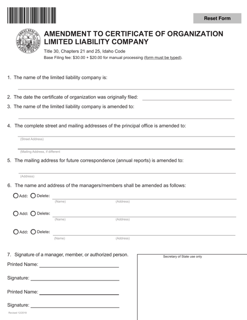 Amendment to Certificate of Organization Limited Liability Company - Idaho