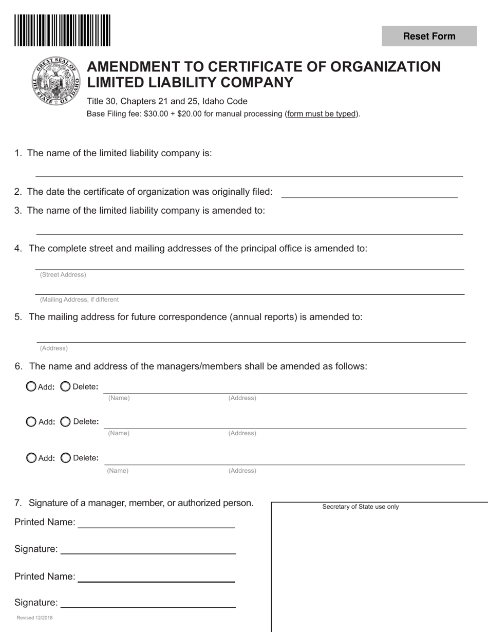 Amendment to Certificate of Organization Limited Liability Company - Idaho, Page 1