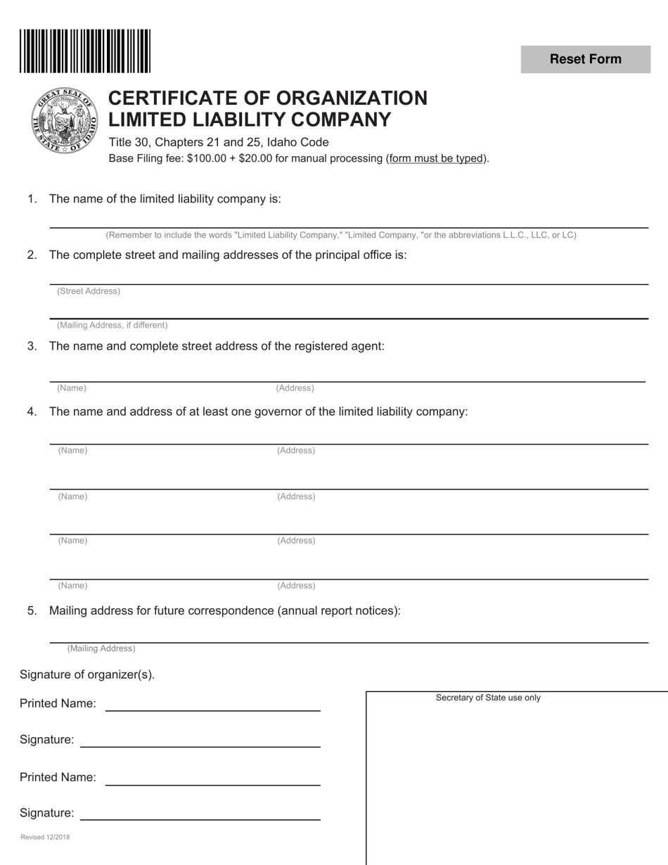 Certificate of Organization Limited Liability Company - Idaho, Page 1