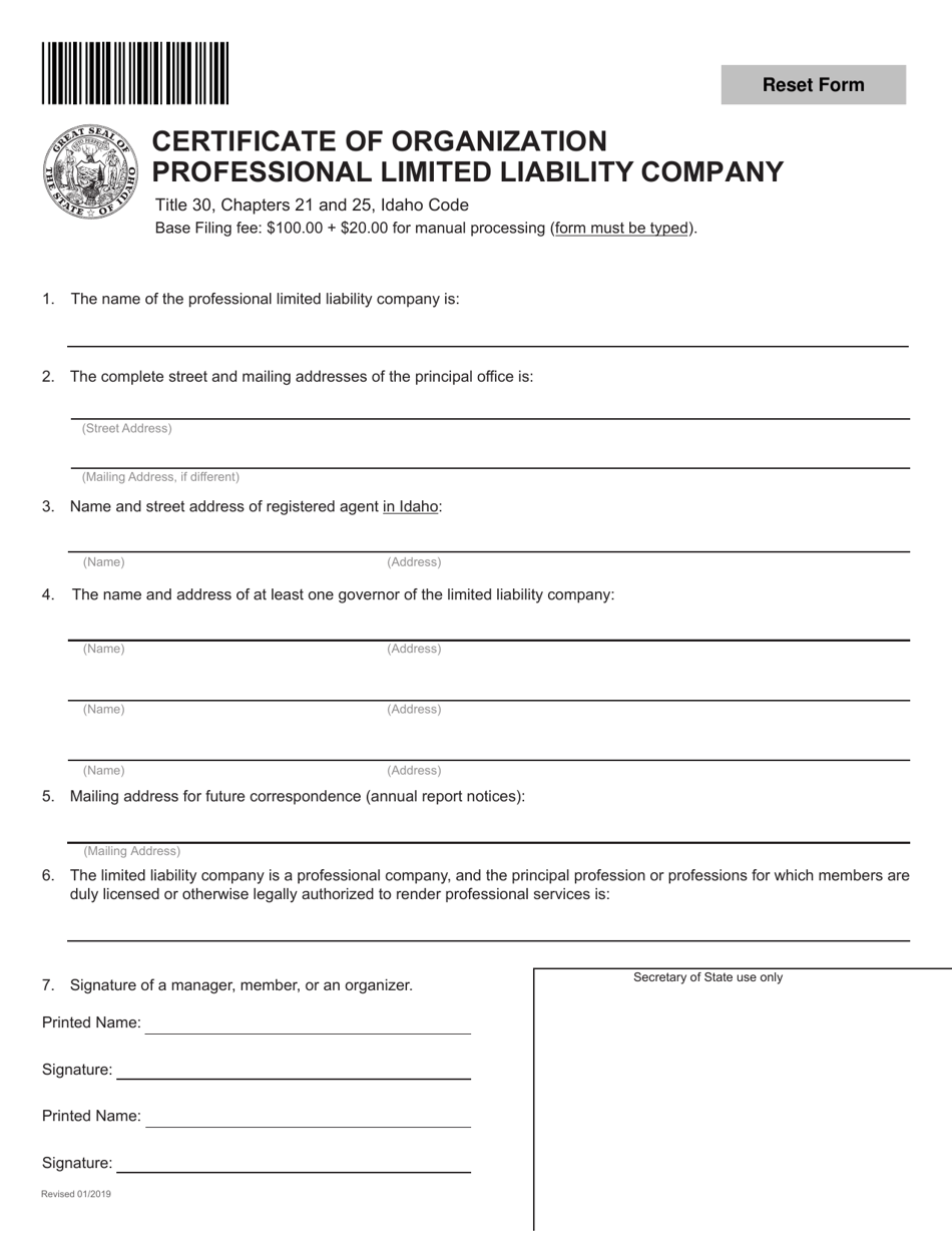 Certificate of Organization Professional Limited Liability Company - Idaho, Page 1