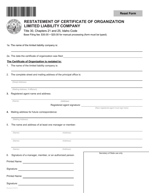 Restatement of Certificate of Organization Limited Liability Company - Idaho