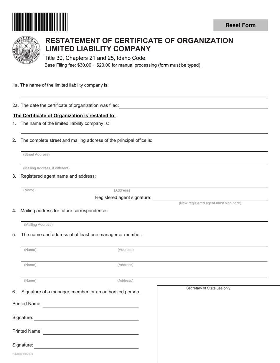 Idaho Restatement of Certificate of Organization Limited Liability ...