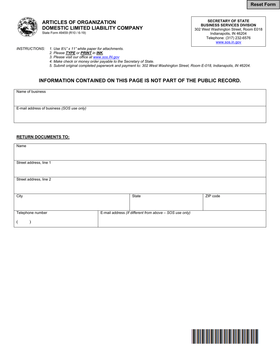 State Form 49459 Articles of Organization - Domestic Limited Liability Company - Indiana, Page 1