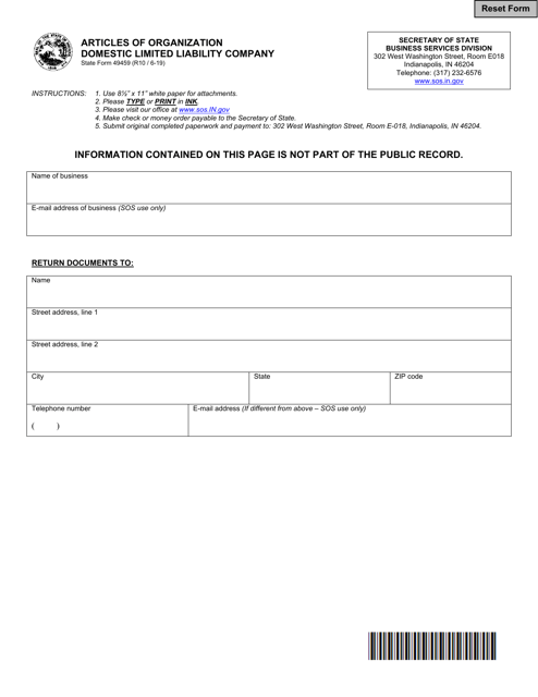 State Form 49459 Articles of Organization - Domestic Limited Liability Company - Indiana