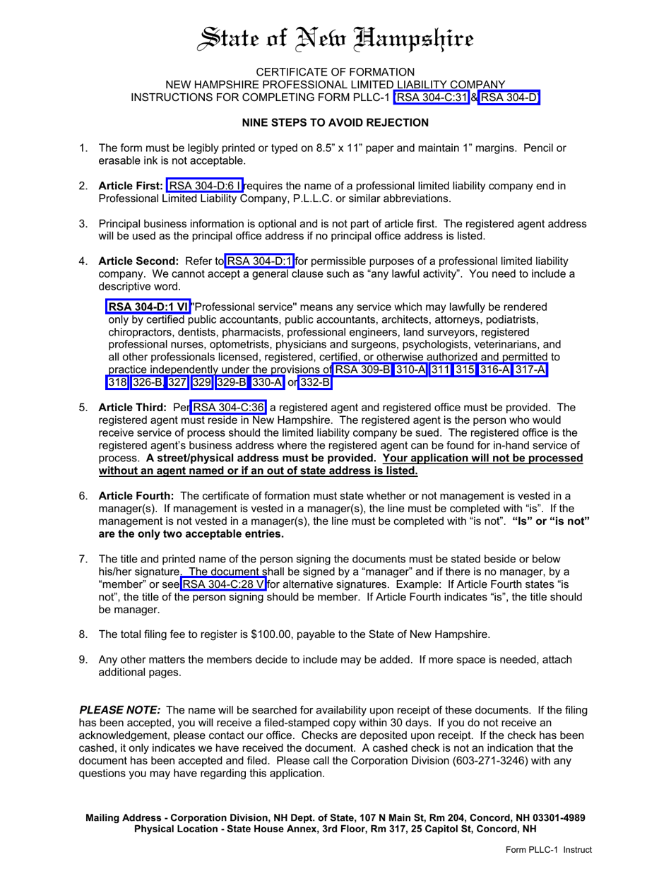 Form PLLC-1 Certificate of Formation New Hampshire Professional Limited Liability Company - New Hampshire, Page 1