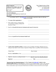 Form LLD-F-1 &quot;Articles of Correction for Limited Liability Company&quot; - West Virginia