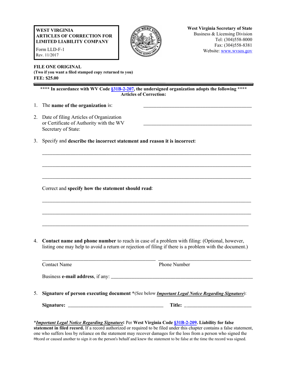 Form LLD-F-1 Articles of Correction for Limited Liability Company - West Virginia, Page 1