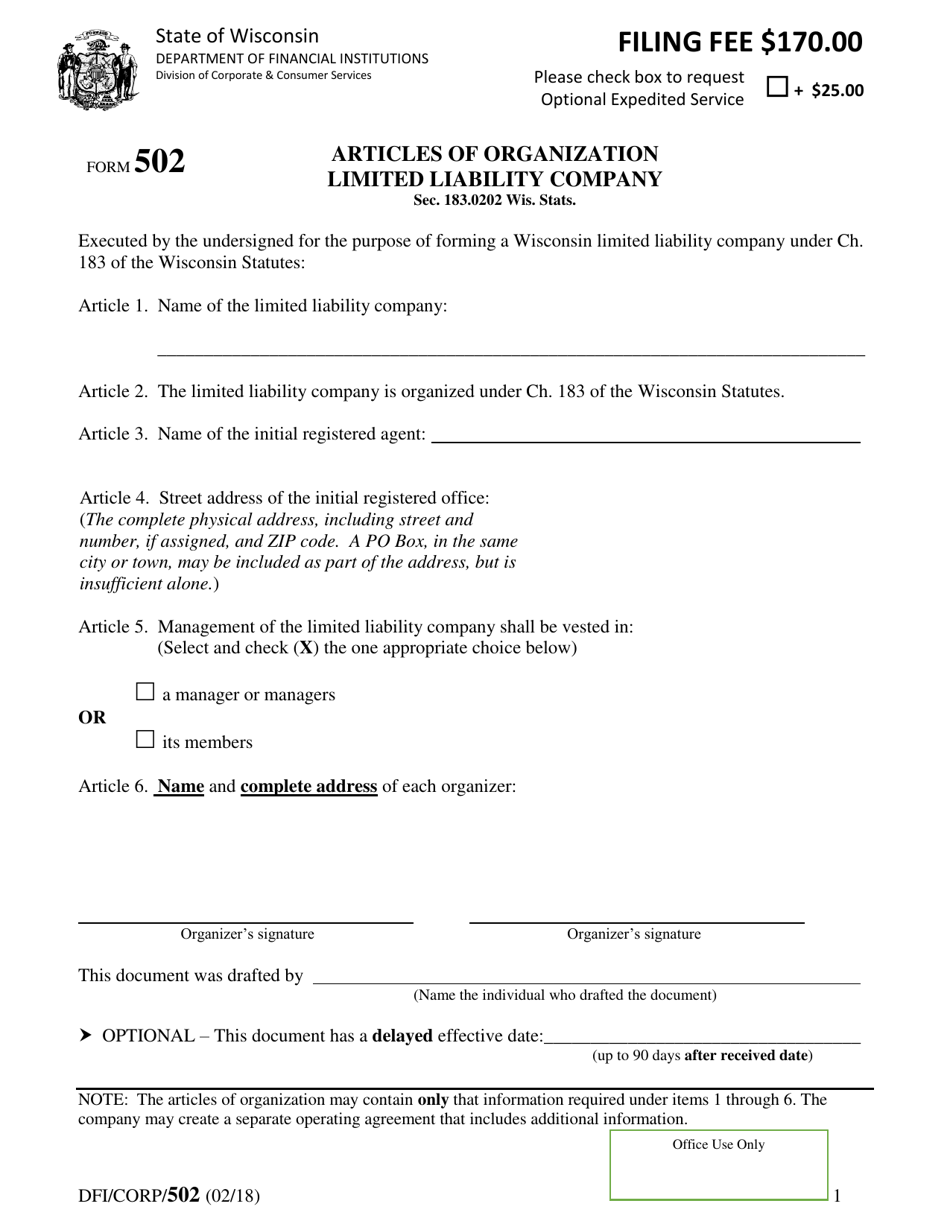 Form 502 Articles of Organization Limited Liability Company - Wisconsin, Page 1