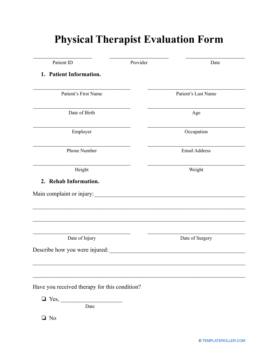 Physical Therapist Evaluation Form Download Printable PDF Templateroller