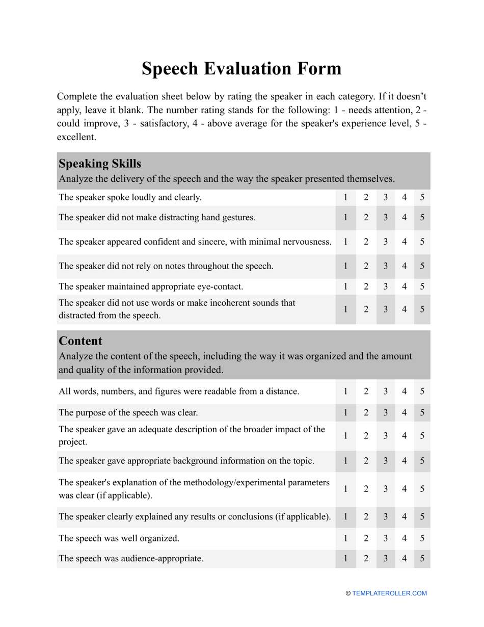 Speech Evaluation Form, Page 1