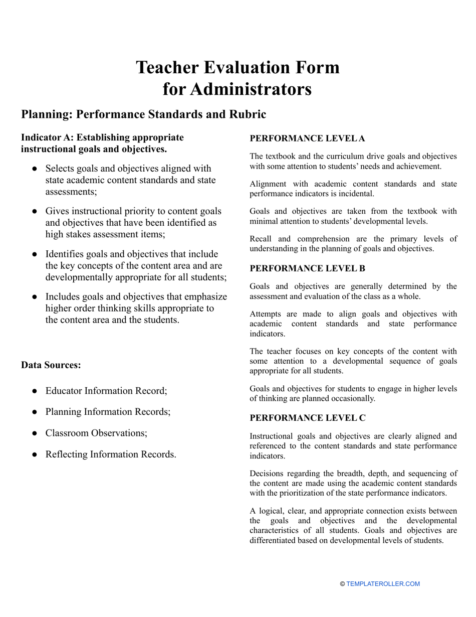 Teacher Evaluation Form for Administrators, Page 1