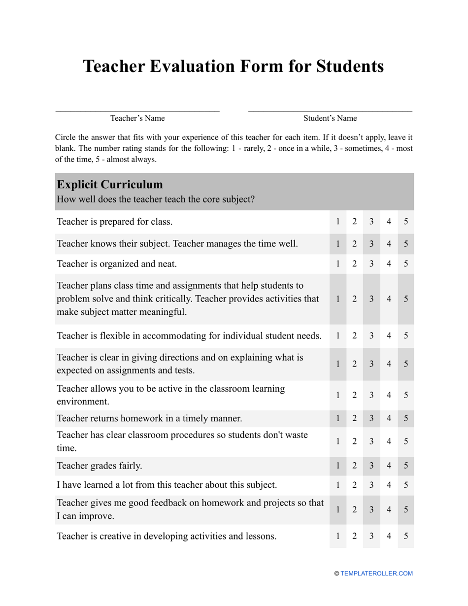 Teacher Evaluation Form for Students, Page 1