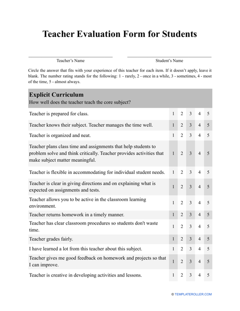 Teacher Evaluation Form for Students
