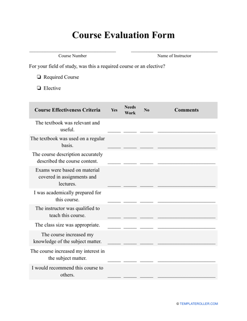 Course Evaluation Form - Small Table